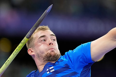 Toni Keranen, of Finland, competes during the men's javelin throw final